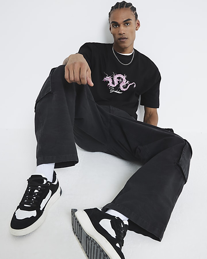 Black Regular Fit Pink Dragon T-Shirt