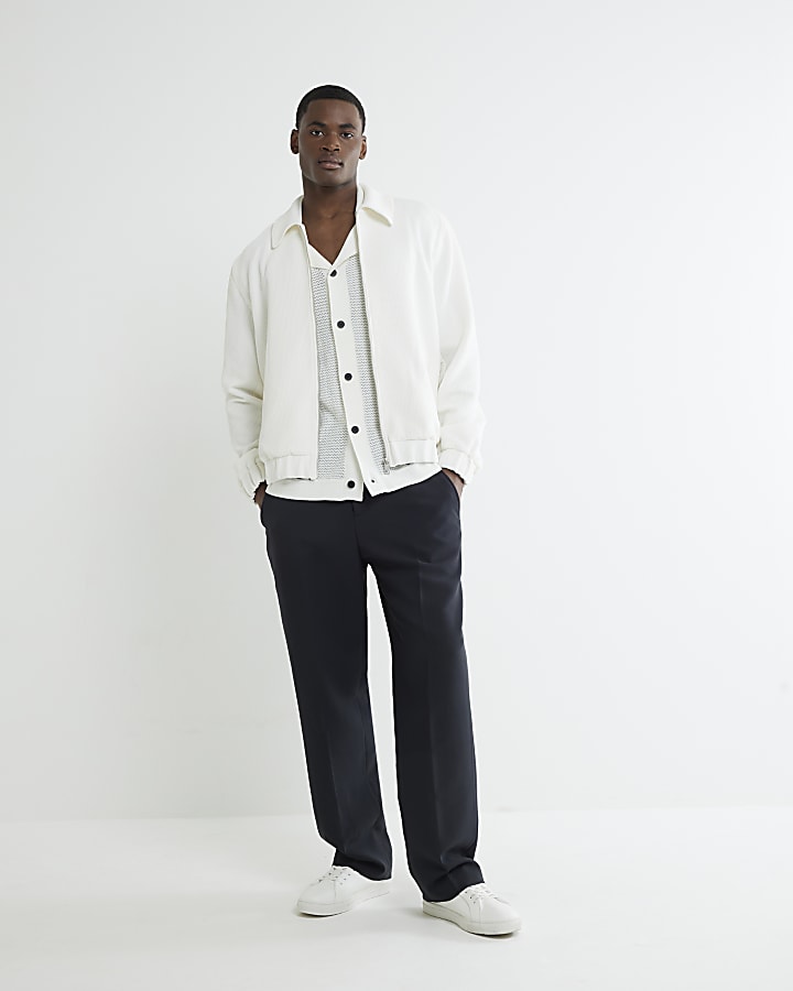 Ecru Slim Fit Waffle Harrington Jacket