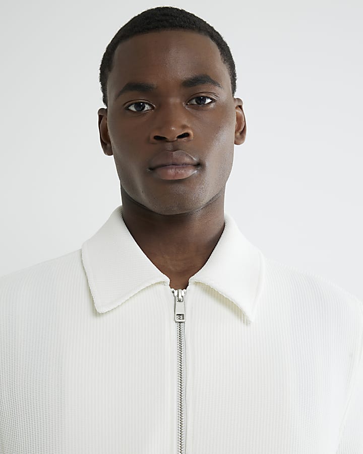 Ecru Slim Fit Waffle Harrington Jacket