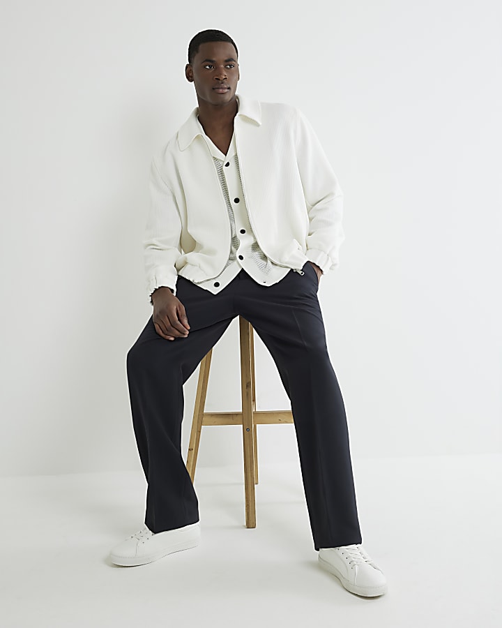 Ecru Slim Fit Waffle Harrington Jacket