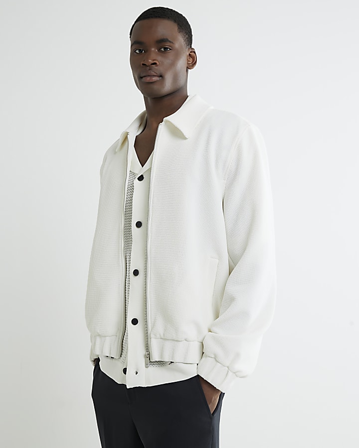 Ecru Slim Fit Waffle Harrington Jacket