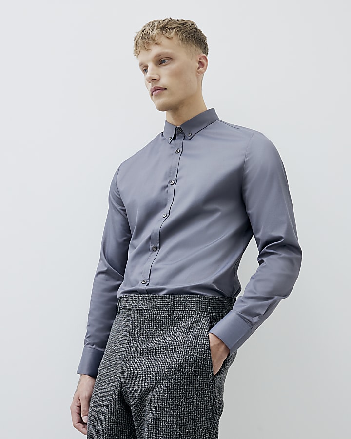Grey Muscle Fit Long Sleeve Shirt