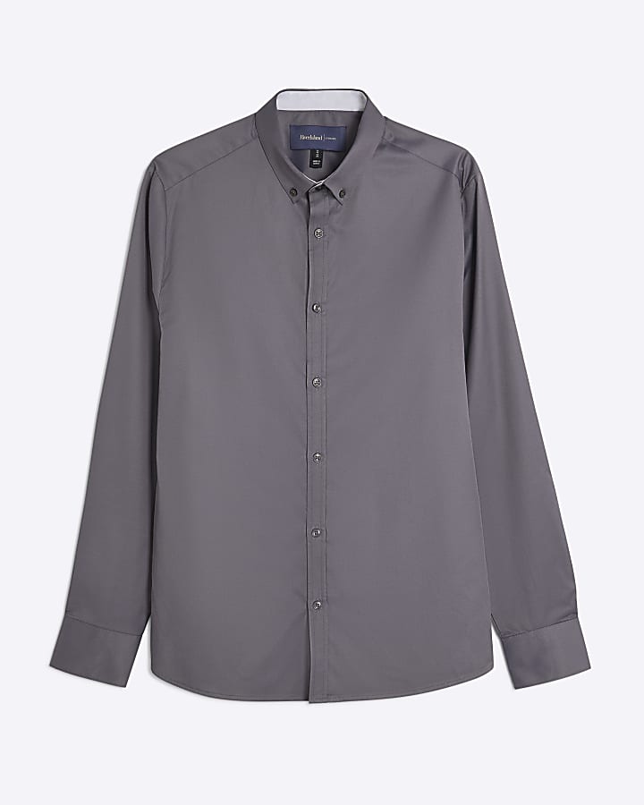 Grey Muscle Fit Long Sleeve Shirt