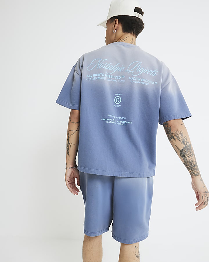 Blue Oversized Fit Ombre Washed Shorts