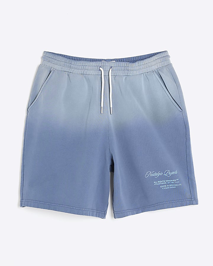 Blue Oversized Fit Ombre Washed Shorts