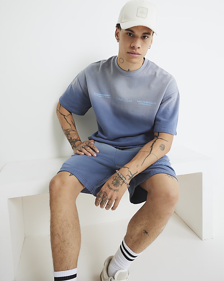Blue Oversized Fit Ombre Washed Shorts