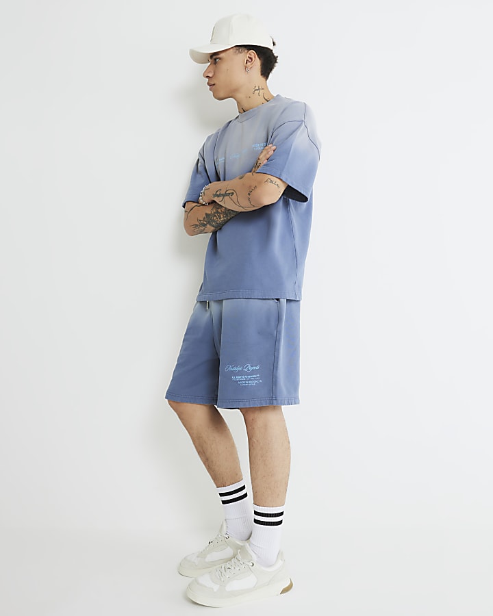 Blue Oversized Fit Ombre Washed Shorts