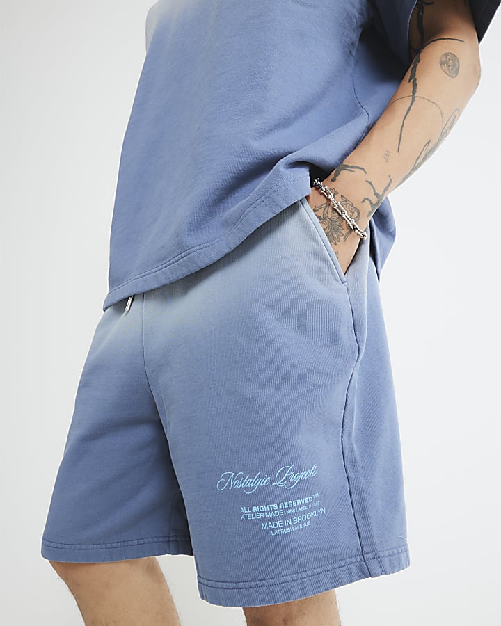 Blue Oversized Fit Ombre Washed Shorts