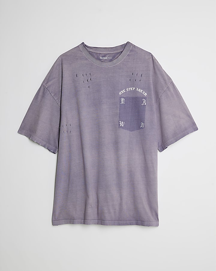 Purple Oversized Distressed Pocket T-Shirt