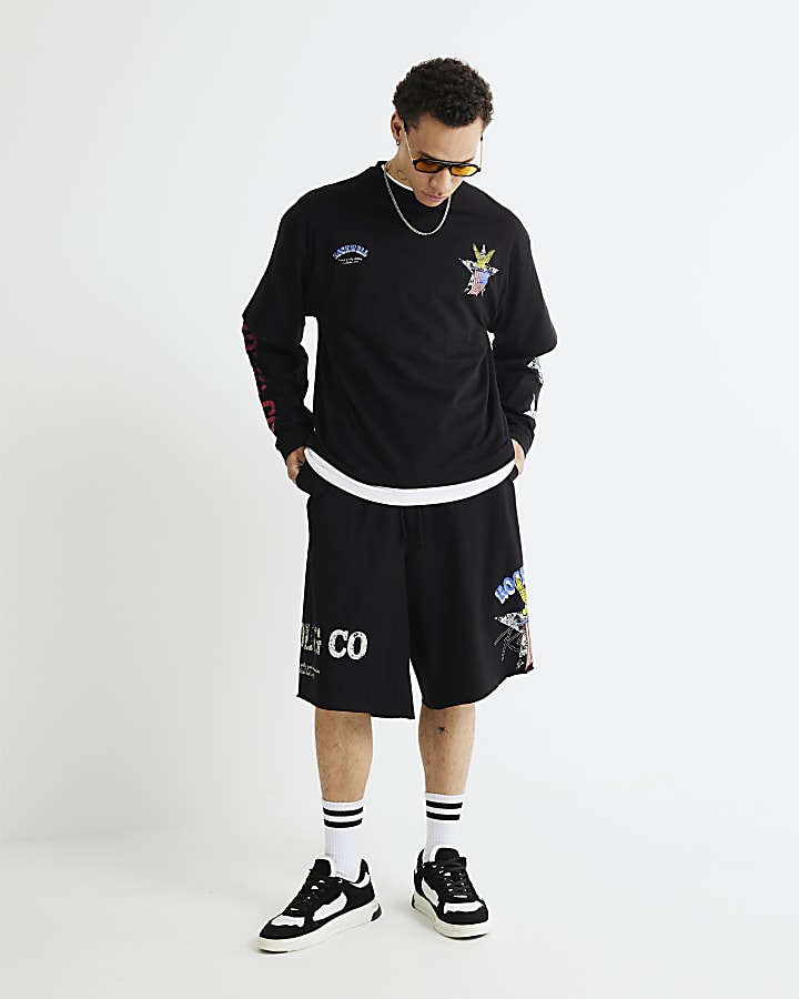 Black Regular FIt Rockwell Eagle Jorts