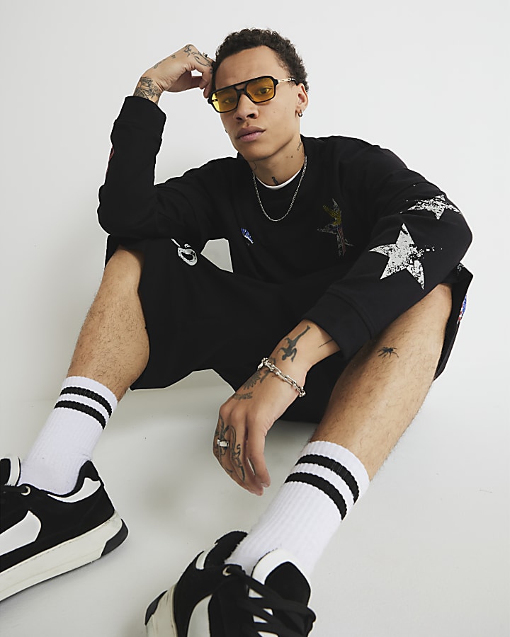 Black Regular FIt Rockwell Eagle Jorts