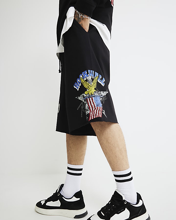 Black Regular FIt Rockwell Eagle Jorts