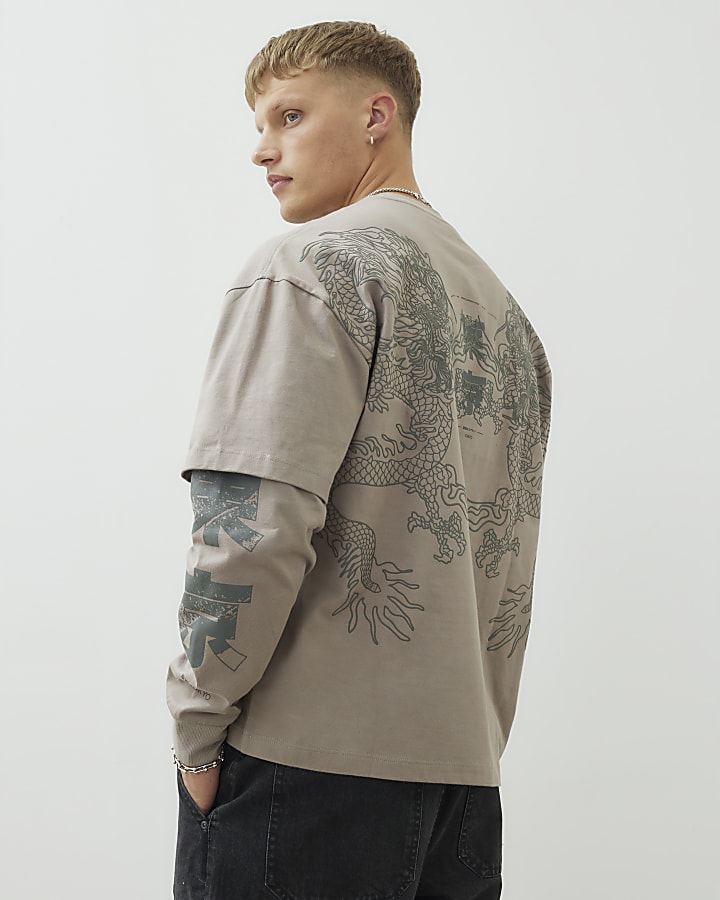 Beige Dragon Double Layered T-Shirt