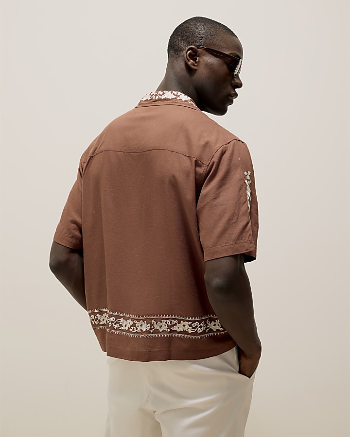 Brown Regular Fit Embroidered Shirt