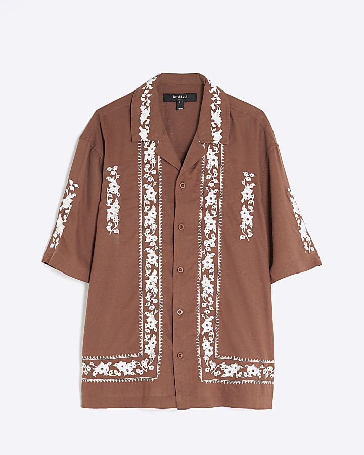 Brown Regular Fit Embroidered Shirt