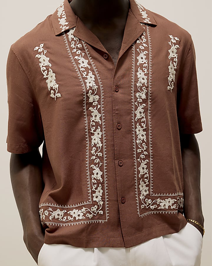 Brown Regular Fit Embroidered Shirt
