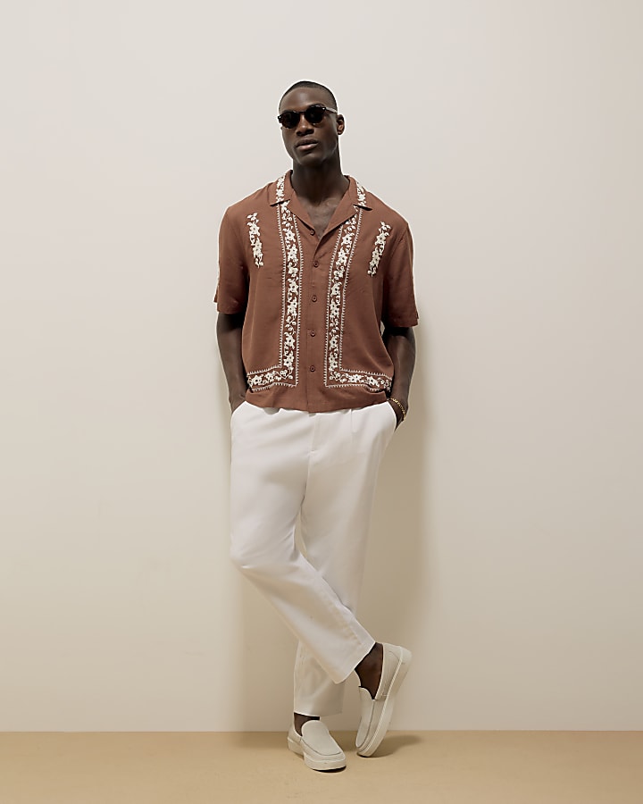 Brown Regular Fit Embroidered Shirt