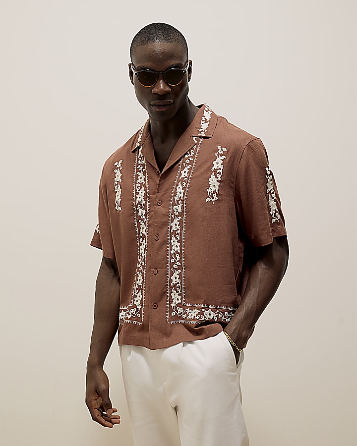 Brown Regular Fit Embroidered Shirt
