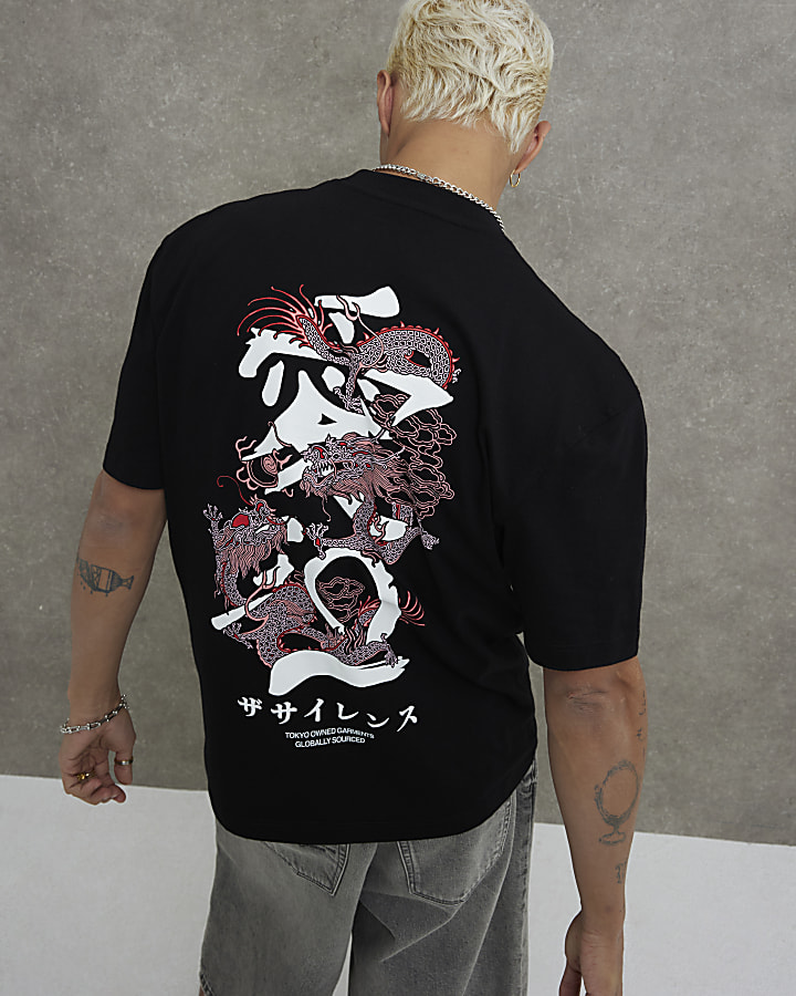 Black Regular Fit Dragon Script T-Shirt