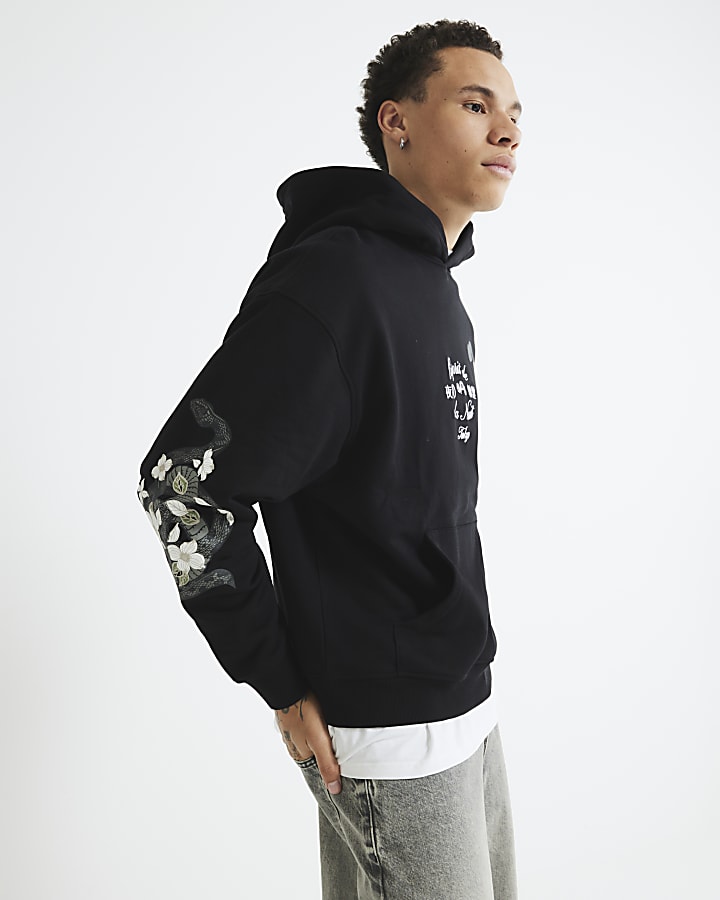 Black Embroidered Floral Snake Print Hoodie