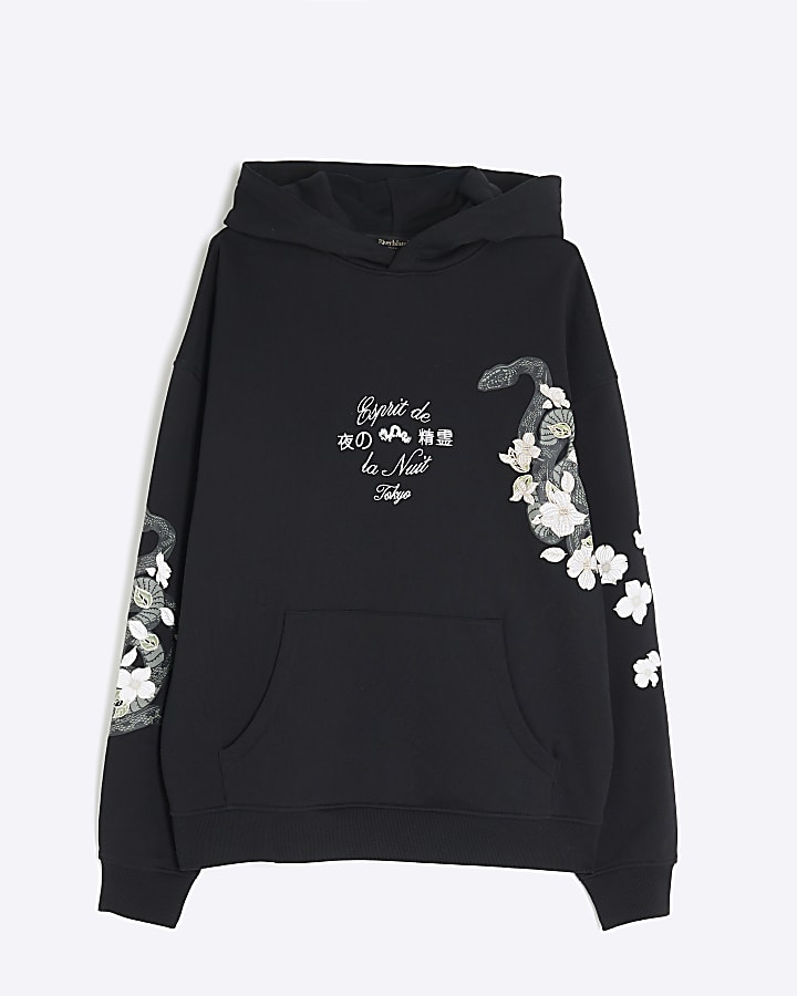 Black Embroidered Floral Snake Print Hoodie