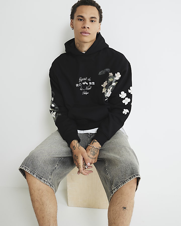 Black Embroidered Floral Snake Print Hoodie
