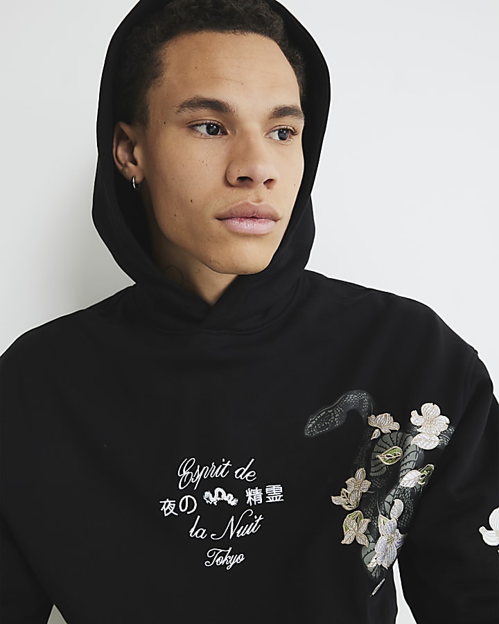 Black Embroidered Floral Snake Print Hoodie