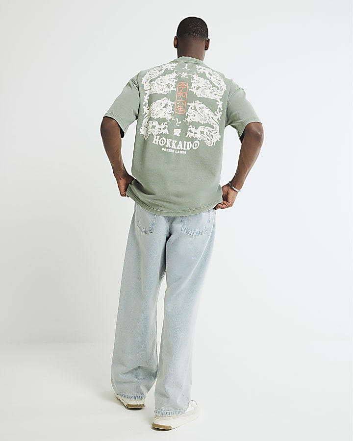 Green Washed Dragon Print T-Shirt