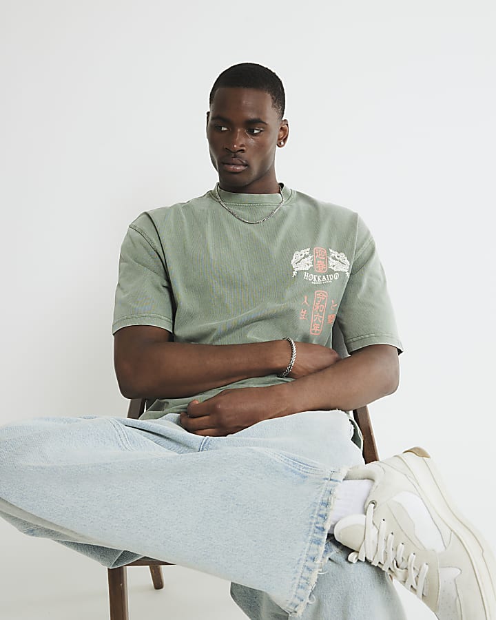 Green Washed Dragon Print T-Shirt