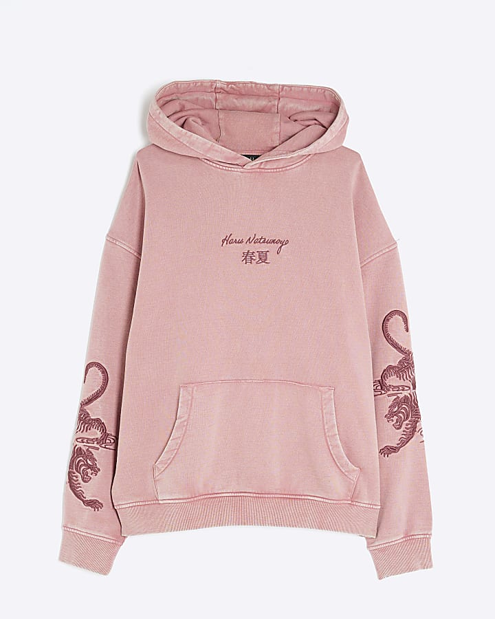 Red Washed Embroidered Haru Tiger Hoodie