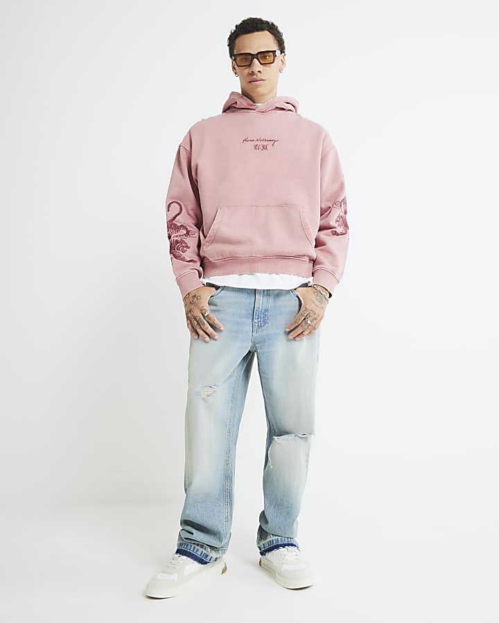 Red Washed Embroidered Haru Tiger Hoodie