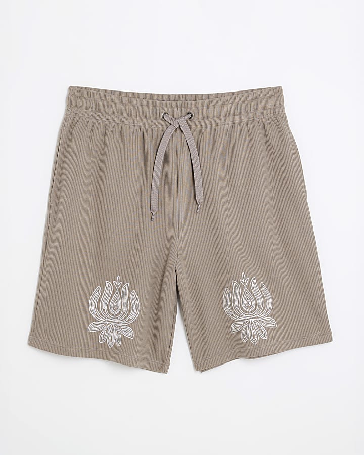 Beige Regular Fit Embroidered Shorts