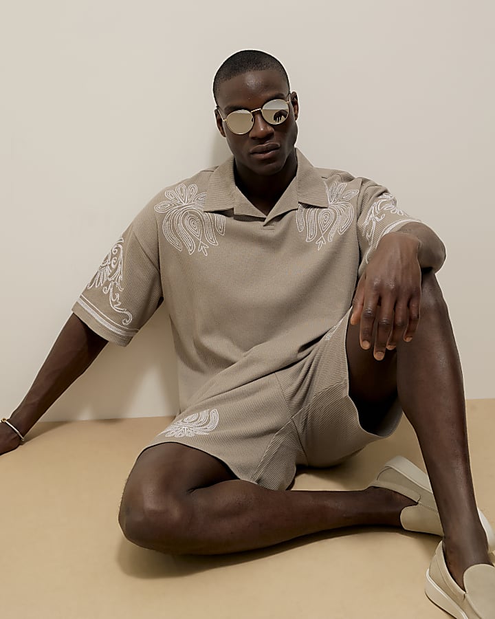 Grey Embroidered Open Neck Polo Shirt