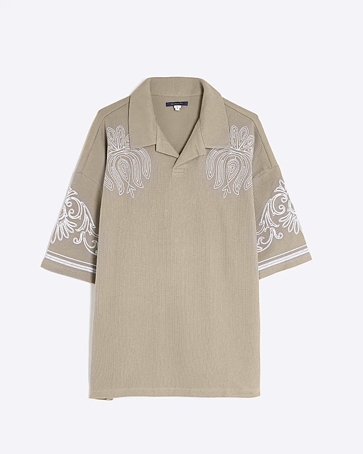 Grey Embroidered Open Neck Polo Shirt