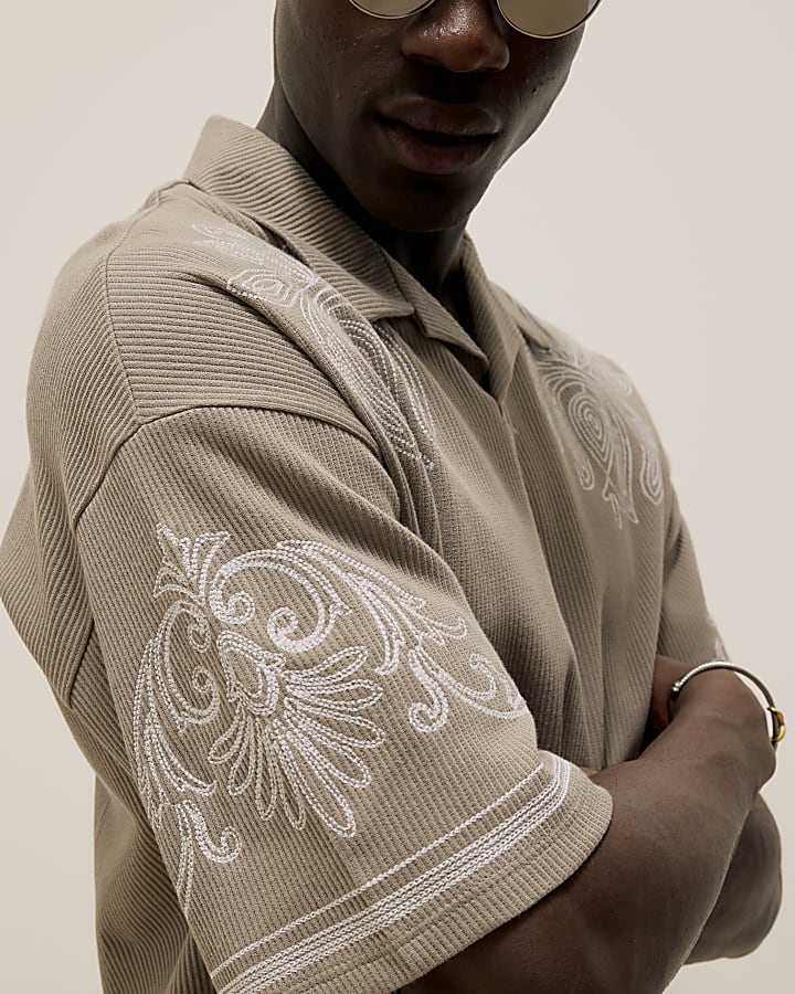 Grey Embroidered Open Neck Polo Shirt