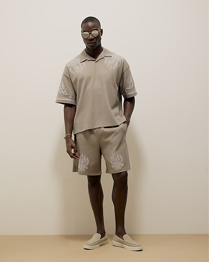 Grey Embroidered Open Neck Polo Shirt