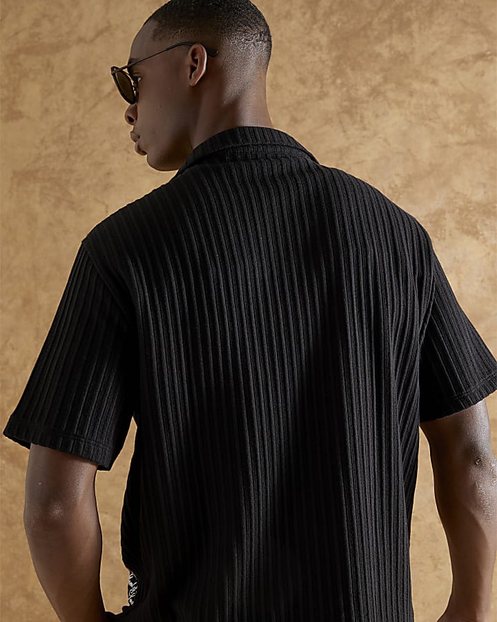 Black Regular Fit Crane Embroidered  Shirt
