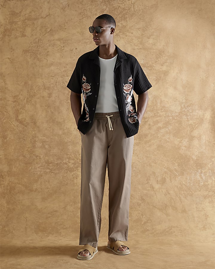 Black Regular Fit Crane Embroidered  Shirt