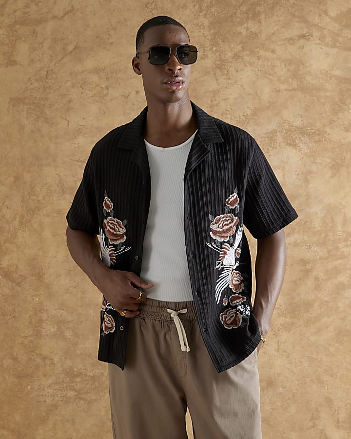 Black Regular Fit Crane Embroidered  Shirt