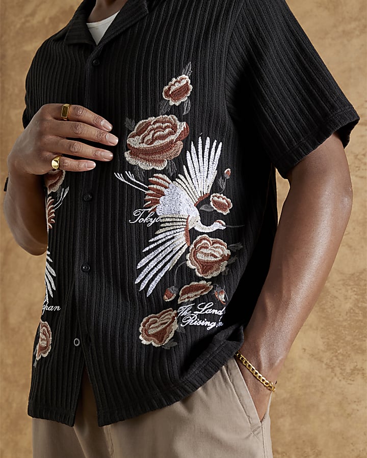 Black Regular Fit Crane Embroidered  Shirt