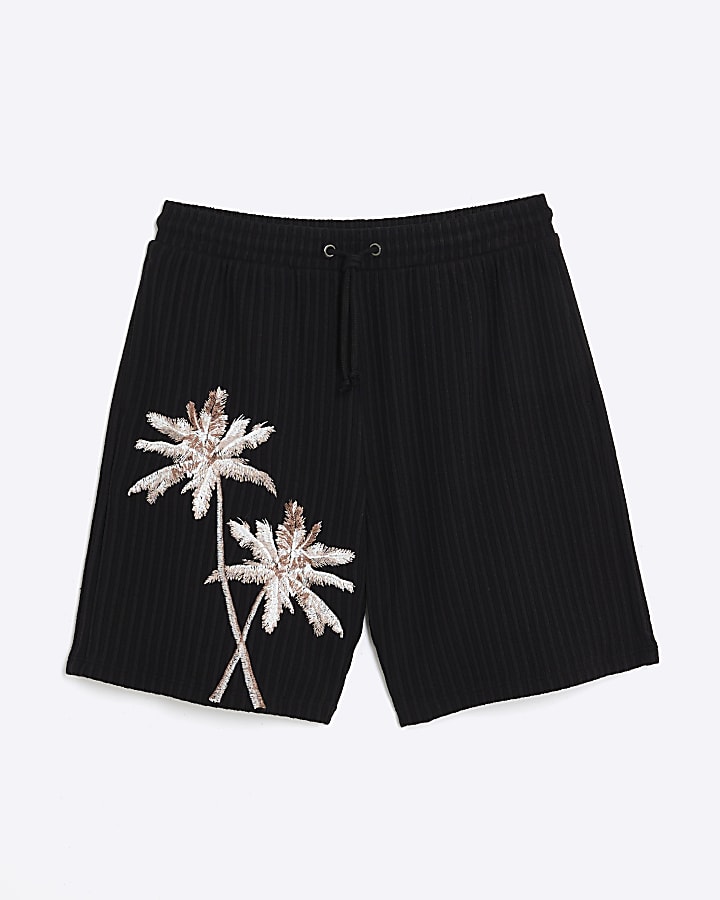 Black Regular Fit Palm Embroidered Shorts