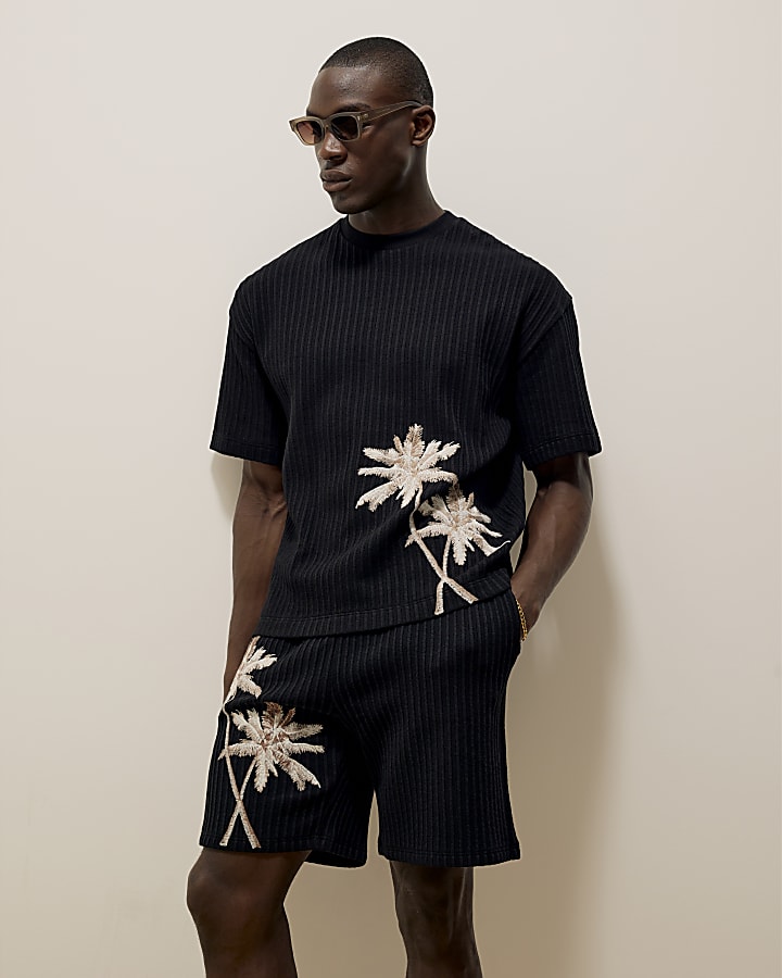 Black Regular Fit Palm Embroidered Shorts