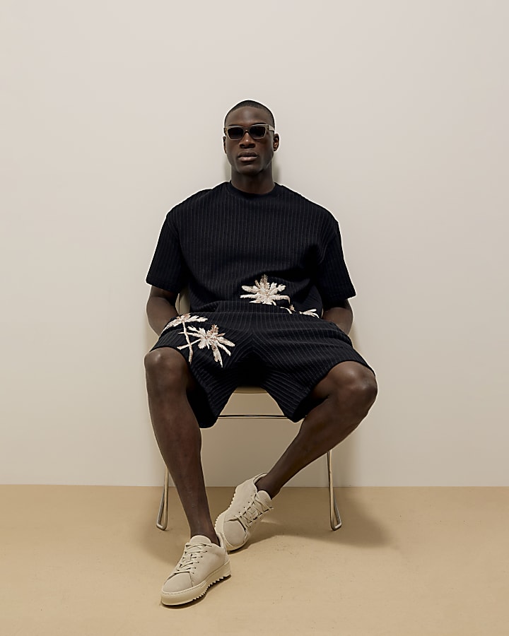 Black Regular Fit Palm Embroidered Shorts