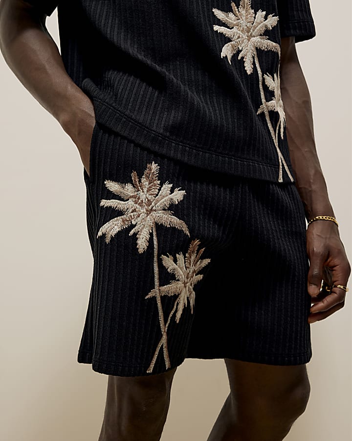Black Regular Fit Palm Embroidered Shorts