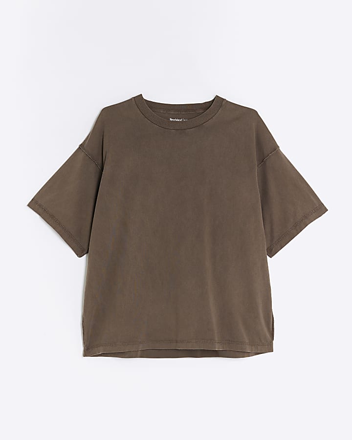 Brown Boxy Fit Washed Reverse Seam T-Shirt