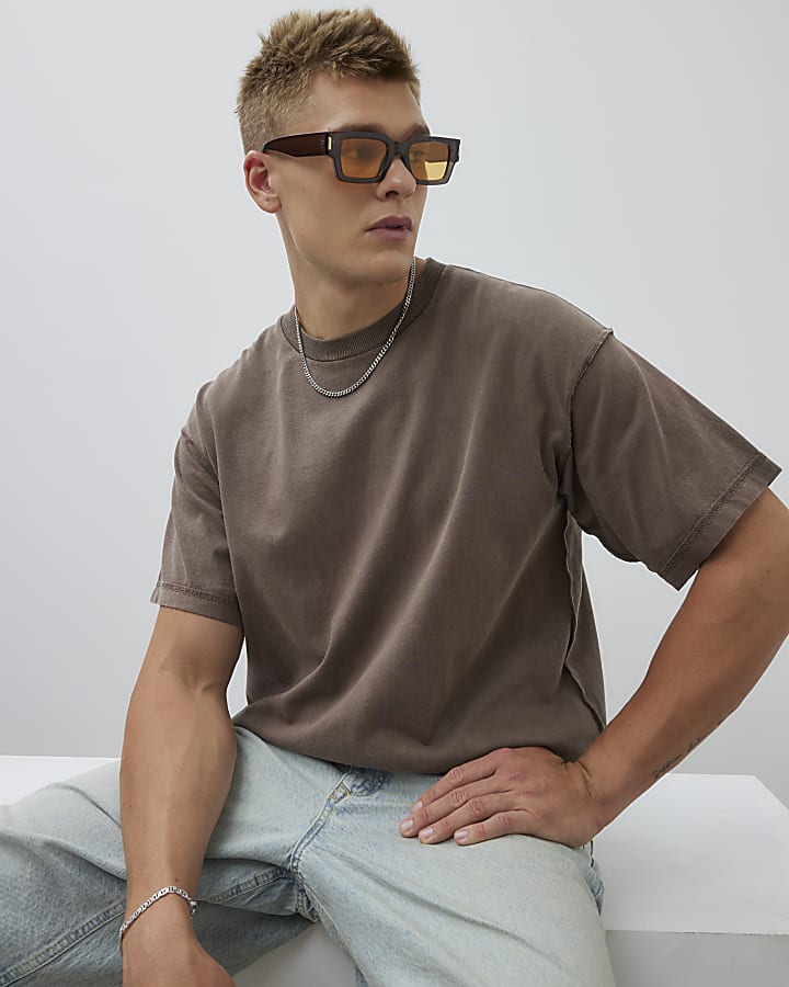 Brown Boxy Fit Washed Reverse Seam T-Shirt