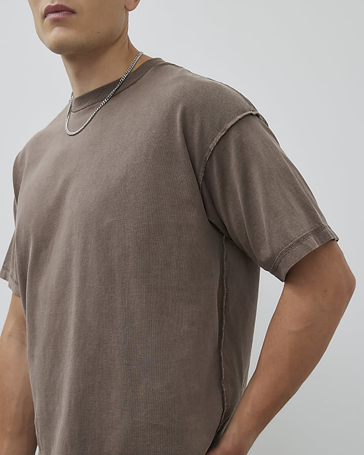 Brown Boxy Fit Washed Reverse Seam T-Shirt