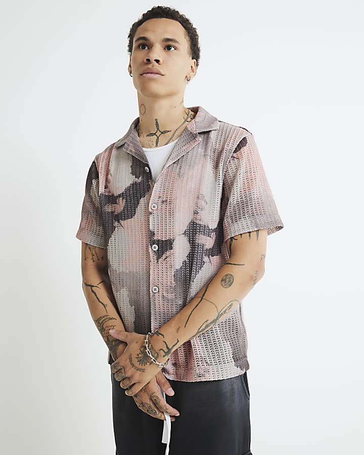 Pink Regular Fit Printed Crochet Shirt