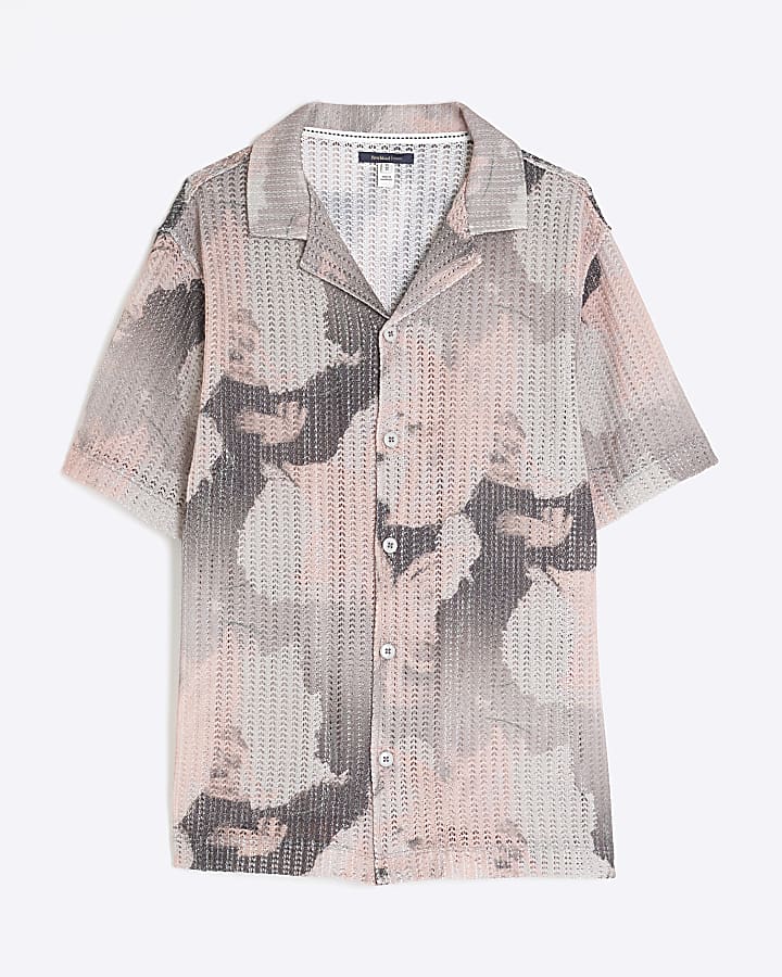 Pink Regular Fit Printed Crochet Shirt
