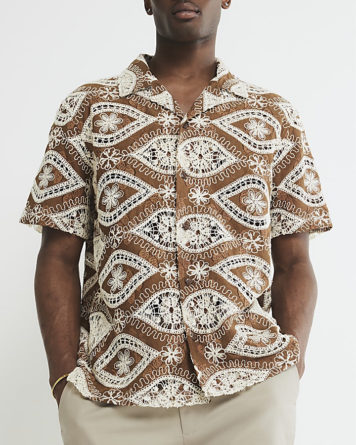 Brown Regular Fit Eye Crochet Shirt